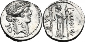 P. Clodius M.f. Turrinus. AR Denarius, 42 BC. D/ Head of Apollo right, laureate; behind, lyre. R/ Diana standing right, with bow and quiver over shoul...