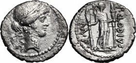 P. Clodius M.f. Turrinus. AR Denarius, 42 BC. D/ Head of Apollo right, laureate, behind, lyre. R/ Diana standing right, with bow and quiver over shoul...