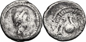 Julius Caesar. AR Denarius, L. Mussidius Longus moneyer, 42 BC. D/ Head of Caesar right, laureate. R/ Rudder, cornucopiae on globe, caduceus and apex....