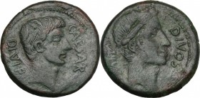 The Triumvirs. Octavian and Divus Julius Caesar. AE Sestertius (or Dupondius?). Southern Italian mint, circa 38 BC. D/ Bare head of Octavian right. R/...