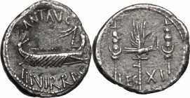 Mark Antony. AR Denarius, 32-31 BC. D/ Praetorian galley right. R/ LEG XI. Legionary eagle between two standards. Cr. 544/25. AR. g. 3.62 mm. 18.00 Go...