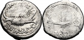Mark Antony. AR Denarius, 32-31 BC. D/ Praetorian galley right. R/ LEG XI. Legionary eagle between two standards. Cr. 544/25. AR. g. 3.69 mm. 16.00 Ab...