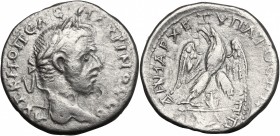 Macrinus (217-218). AR Tetradrachm, Judaea, Aelia Capitolina (Jerusalem) mint. D/ Laureate head right. R/ Eagle standing facing, head left, on thyrsos...