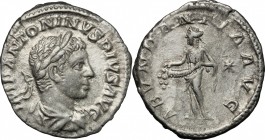 Elagabalus (218-222). AR Denarius, 218-222. D/ Bust right, laureate, draped. R/ Abundantia standing left, emptying cornucopiae. RIC 56b. AR. g. 2.85 m...