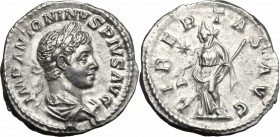 Elagabalus (218-222). AR Denarius. D/ Bust right, laureate, draped, cuirassed. R/ Libertas standing left, holding pileus and rod; to left, star. RIC 1...