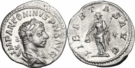 Elagabalus (218-222). AR Denarius. D/ Bust right, laureate, draped. R/ Libertas standing left, holding pileus and rod; to right, star. RIC 107b. AR. g...