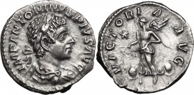 Elagabalus (218-222). AR Denarius. D/ Bust right, laureate, draped. R/ Victory advancing left, holding garland with both hands; on either side, shield...