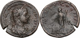 Elagabalus (218-222). AE Sestertius, 222 AD. D/ Bearded, laureate, draped, and cuirassed bust right. R/ Elagabalus standing left, sacrificing out of p...