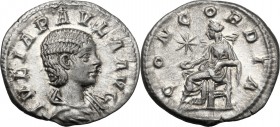 Julia Paula, first wife of Elagabalus (219-220). AR Denarius, struck under Elagabalus. D/ Draped bust right. R/ Concordia seated left, holding patera;...