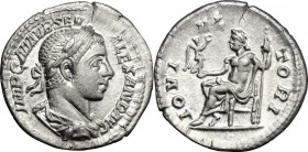 Severus Alexander (222-235). AR Denarius, 222-228. D/ Bust of Severus Alexander right, laureate, draped. R/ Jupiter seated left, holding Victoria and ...