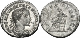 Severus Alexander (222-235). AR Denarius, 222-228. D/ Bust right, laureate, draped, cuirassed. R/ Salus seated left, feeding from patera snake coiled ...