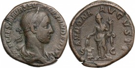 Severus Alexander (222-235). AE Sestertius, 222-231. D/ Bust right, laureate, draped. R/ Annona standing left, holding corn-ears over modius and cornu...