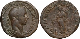 Severus Alexander (222-235). AE Sestertius, 222-231. D/ Bust right, laureate, draped. R/ Annona standing left, holding corn-ears over modius and cornu...