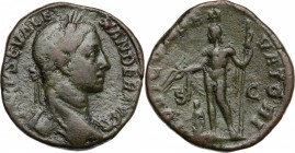 Severus Alexander (222-235 AD). AE Sestertius, 222-231. D/ Bust right, laureate, draped on left shoulder. R/ Jupiter standing left, wearing chlamys ha...