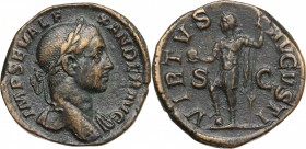 Severus Alexander (222-235). AE Sestertius, 222-231. D/ Bust right, laureate, draped on left shoulder. R/ Emperor standing left in military attire, ri...