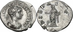 Severus Alexander (222-235). AR Denarius, Antioch mint. D/ Bust right, laureate, draped, cuirassed. R/ Pietas standing left, raising right hand over a...