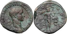 Severus Alexander (222-235 AD). AE Sestertius, 226 AD. D/ Laureate, draped and cuirassed bust right. R/ Mars advancing right, carrying spear and troph...