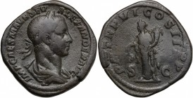 Severus Alexander (222-235). AE Sestertius, 227 AD. D/ Bust right, laureate, draped. R/ Aequitas standing left, holding scales and cornucopiae. RIC 45...