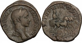 Severus Alexander (222-235). AE Sestertius, 229 AD. D/ Bust right, laureate, draped on left shoulder. R/ Emperor in quadriga right, holding scepter to...