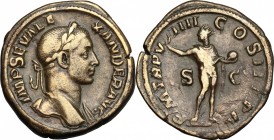 Severus Alexander (222-235). AE Sestertius, 230 AD. D/ Bust right, laureate, draped on left shoulder. R/ Sol standing right, head left, wearing chlamy...