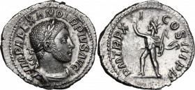 Severus Alexander (222-235). AR Denarius, 232 AD. D/ Bust right, laureate, draped, cuirassed. R/ Sol standing, wearing chlamys over left shoulder, rai...