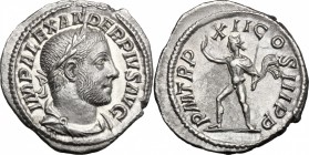 Severus Alexander (222-235). AR Denarius, 233 AD. D/ Bust right, laureate, draped. R/ Sol advancing left, wearing chlamys over left shoulder, raising ...