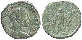 Severus Alexander (222-235 AD). AE Sestertius, 233 AD. D/ Bust right, laureate, draped on left shoulder. R/ Sol advancing left, raising right hand and...