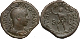 Severus Alexander (222-235). AE Sestertius, 233 AD. D/ Bust right, laureate, draped, cuirassed. R/ Sol standing left, wearing chlamys over left should...