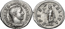 Severus Alexander (222-235 AD). AR Denarius, 231-235. D/ Bust right, laureate, draped, cuirassed. R/ Spes advancing left, holding flower and raising s...
