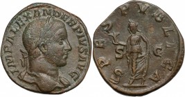 Severus Alexander (222-235). AE Sestertius, 231-235. D/ Bust right, laureate, draped on left shoulder. R/ Spes standing left, holding flower and raisi...
