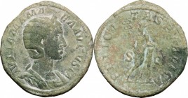 Julia Mamaea (died 235 AD). AE Sestertius, 222-235. D/ Bust right, diademed, draped. R/ Felicitas standing left, legs crossed, holding caduceus and re...