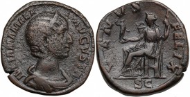 Julia Mamaea (died 235 AD). AE Sestertius, 222-235. D/ Bust right, diademed, draped. R/ Venus seated left, holding statuette and scepter. RIC (Sev. Al...