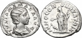 Julia Mamaea (died 235 AD). AR Denarius, 225-235. D/ Bust right, draped. R/ Juno standing left, holding patera and scepter; at feet, peacock. RIC (Sev...