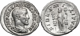 Maximinus I (235-238). AR Denarius, 235-236. D/ Bust right, laureate, draped, cuirassed. R/ Fides standing left, holding a standard in each hand. RIC ...