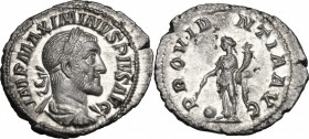 Maximinus I (235-238). AR Denarius, 235-236. D/ Bust right, laureate, draped, cuirassed. R/ Providentia standing left, holding wand over globe set on ...
