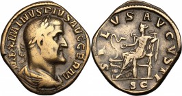 Maximinus I (235-238). AE Sestertius, 236-238. D/ Bust right, laureate, draped, cuirassed. R/ Salus seated left, feeding from patera snake coiled arou...