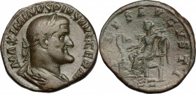 Maximinus I (235-238). AE Sestertius, 236-238. D/ Bust right, laureate, draped, cuirassed. R/ Salus seated left, feeding from patera snake coiled arou...