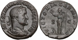 Maximinus I (225-238). AE Sestertius, 236-238. D/ Bust right, laureate, draped, cuirassed. R/ Victory standing left, holding wreath and palm; to feet,...