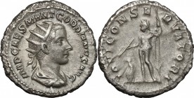 Gordian III (238-244). AR Antoninianus, 238-239. D/ Bust right, radiate, draped, cuirassed. R/ Jupiter standing left, holding thunderbolt and scepter;...