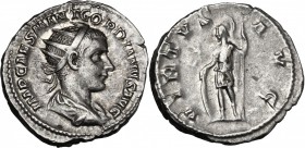 Gordian III (238-244 ). AR Antoninianus, 238-239 AD. D/ Radiate, draped and cuirassed bust right. R/ Virtus standing left, leaning on shield and holdi...