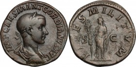Gordian III (238-244). AE Sestertius, 238-239. D/ Bust right, laureate, draped, cuirassed. R/ Fides standing left, holding standard and scepter. RIC 2...