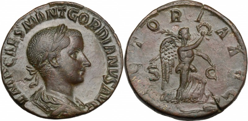 Gordian III (238-244). AE Sestertius, 238-239. D/ Bust right, laureate, draped, ...