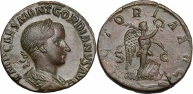 Gordian III (238-244). AE Sestertius, 238-239. D/ Bust right, laureate, draped, cuirassed. R/ Victory advancing right, holding wreath and palm. RIC 26...