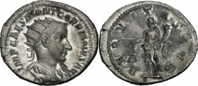 Gordian III (238-244). AR Antoninianus, 240 AD. D/ Bust right, radiate, draped, cuirassed. R/ Aequitas standing left, holding scales and cornucopiae. ...