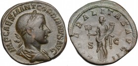 Gordian III (238-244). AE Sestertius, 240 AD. D/ Bust right, laureate, draped, cuirassed. R/ Liberalitas standing left, holding abacus and double corn...