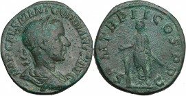 Gordian III (238-244). AE Sestertius, 240 AD. D/ Bust right, laureate, draped, cuirassed. R/ Emperor standing left, capite velato, sacrificing from pa...