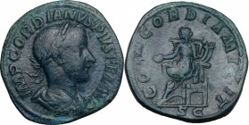 Gordian III (238-244). AE Sestertius, 240 AD. D/ Bust right, laureate, draped, cuirassed. R/ Concordia seated left, holding patera and double cornucop...