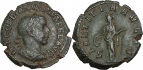Gordian III (238-244 AD). AE As, 241 AD. D/ Laureate, draped and cuirassed bust right. R/ Laetitia standing facing, head left, holding wreath and scep...