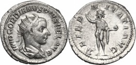 Gordian III (238-244). AR Antoninianus, 241-243. D/ Bust right, radiate, draped, cuirassed. R/ Sol standing left, wearing chlamys over left shoulder. ...