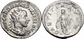 Gordian III (238-244). AR Antoninianus, 241-243. D/ Bust right, radiate, draped, cuirassed. R/ Laetitia standing left, holding wreath and anchor set o...